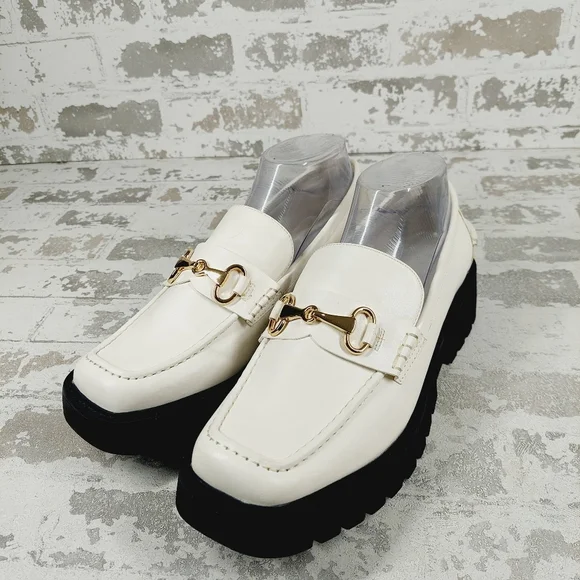 NEW Nordstrom Open Edit White Faux Patent Gold Chunky Academia Loafers C433 - Picture 2 of 14